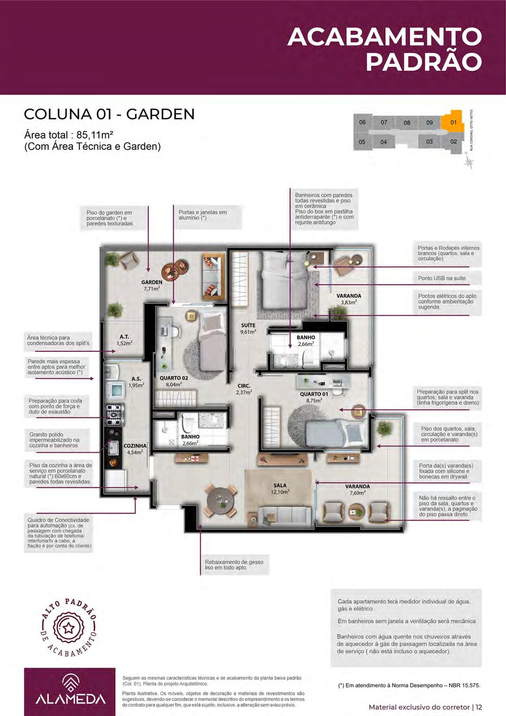 Planta humanizada de apartamento 2 e 3 quartos com suíte no Alameda Residencial Argo