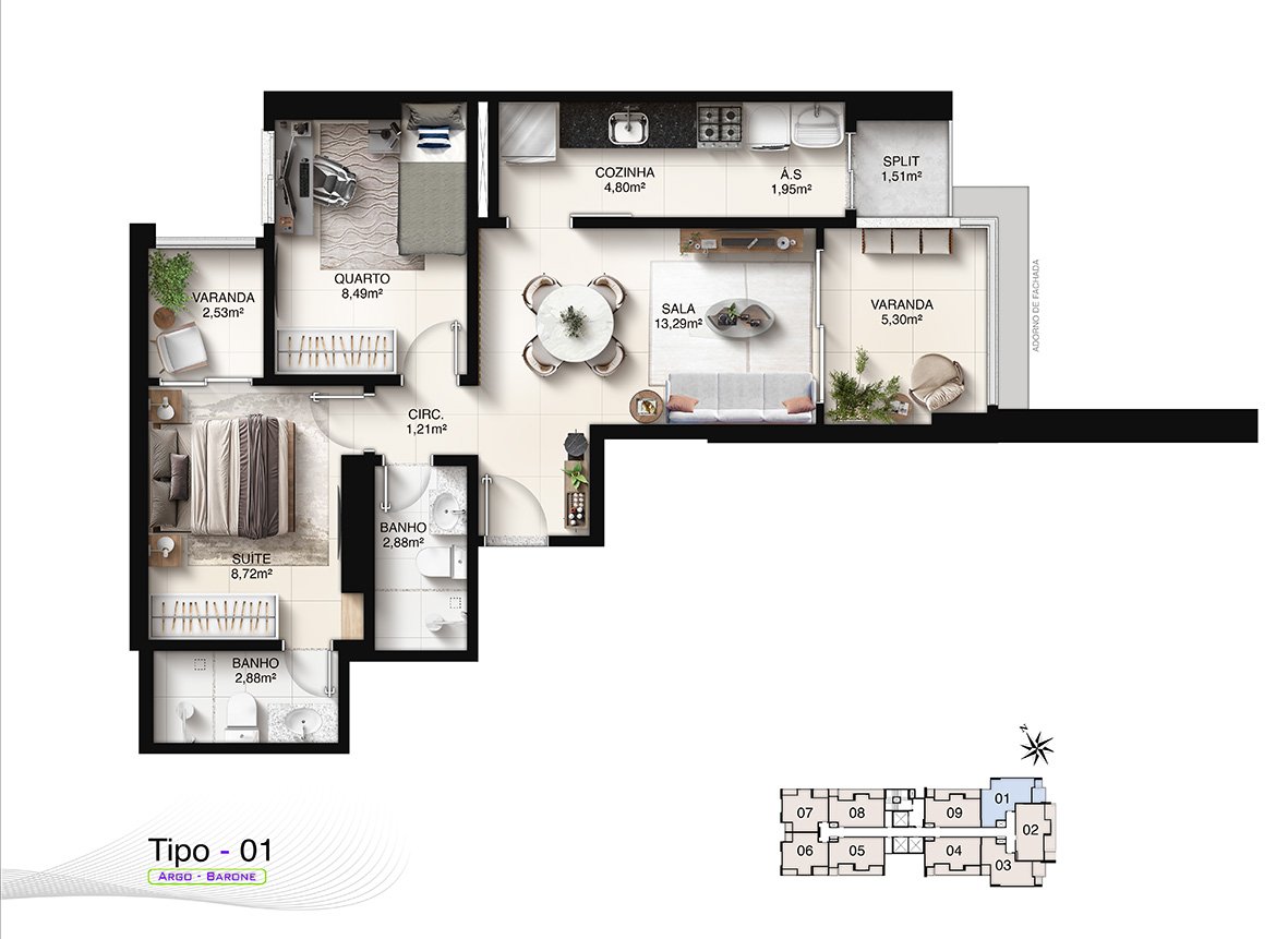 Planta tipo Barone Residencial 2 quartos