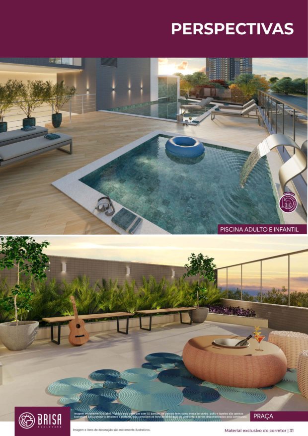Piscina adulto e infantil com deck solarium e cascata no Brisa Boulevard Argo