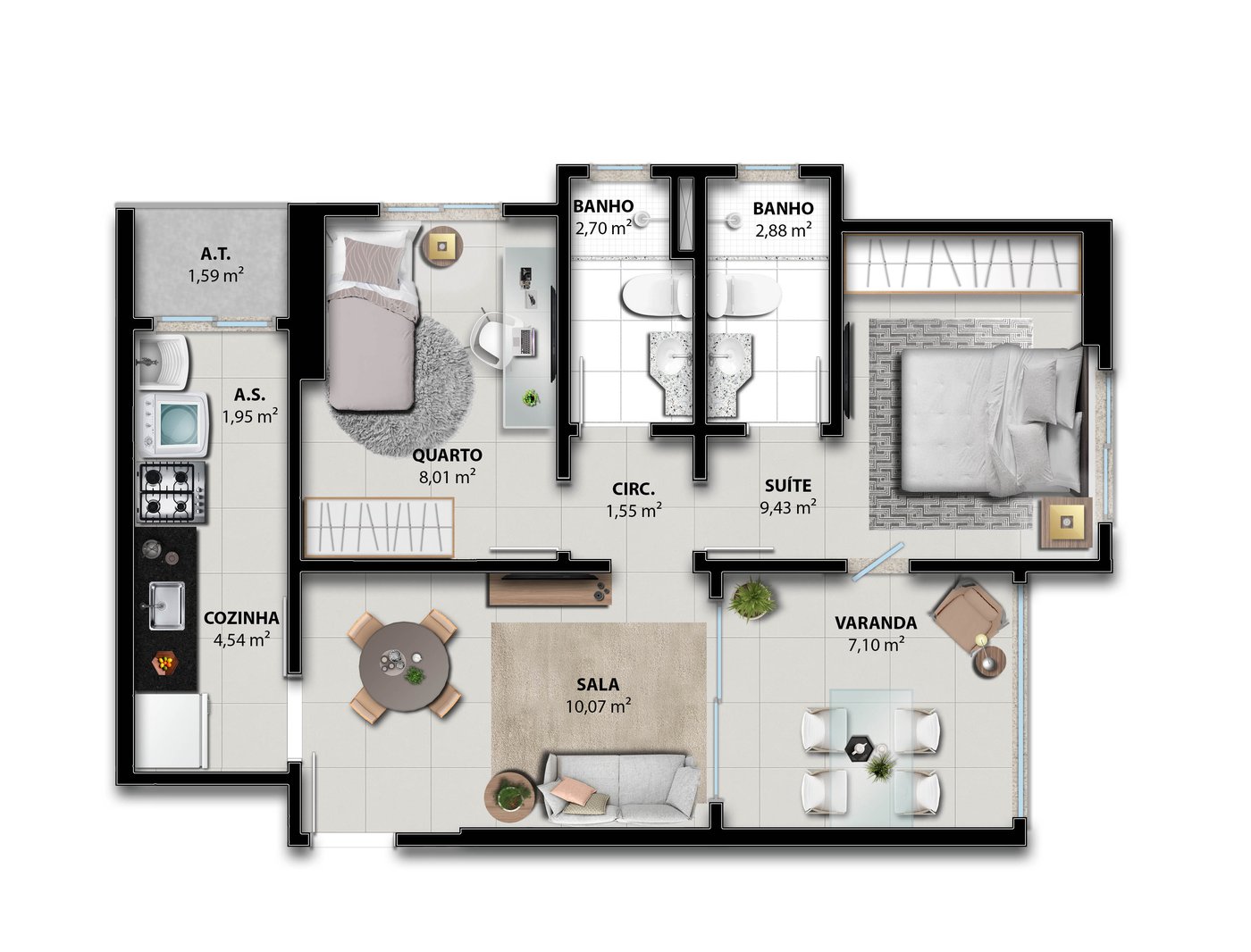 Planta humanizada de apartamento 2 quartos com suíte e varanda integrada no Brisa Boulevard Argo