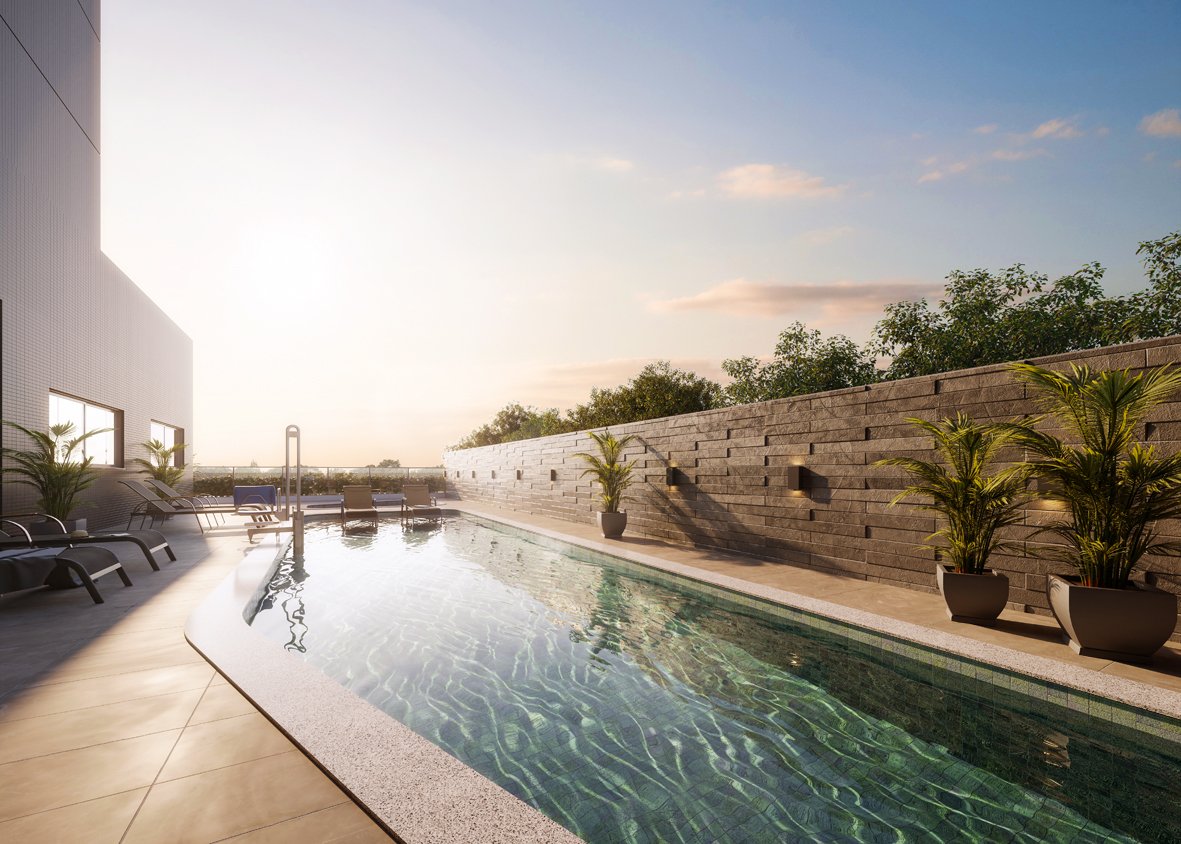 Piscina adulto com prainha e solarium Faena Residence