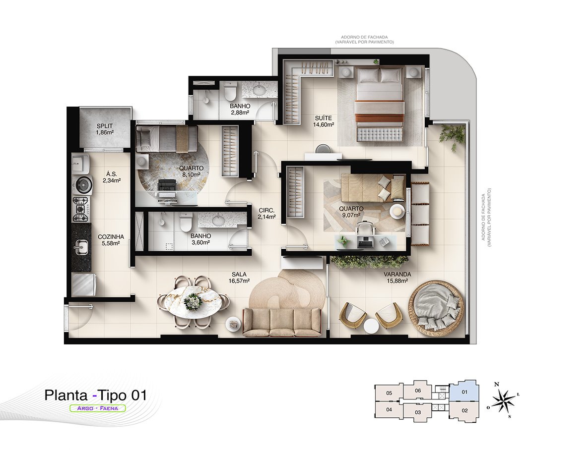 Planta humanizada 3 quartos com suíte Faena Residence 95m²