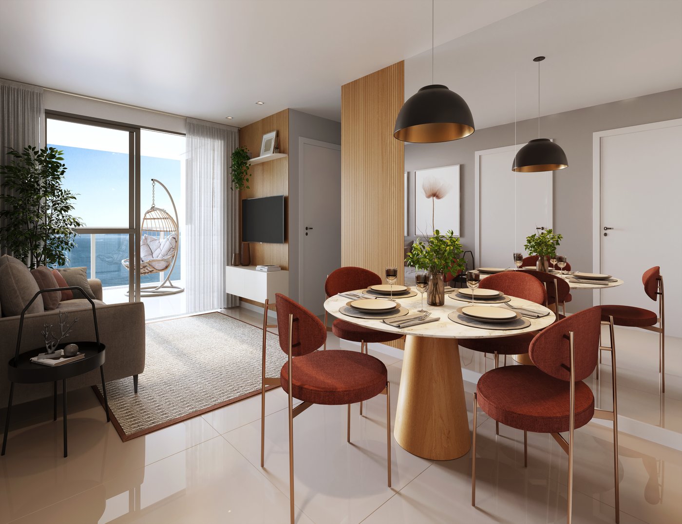 Sala de estar e jantar integrada com varanda do apartamento 2 quartos no Kalena Residence