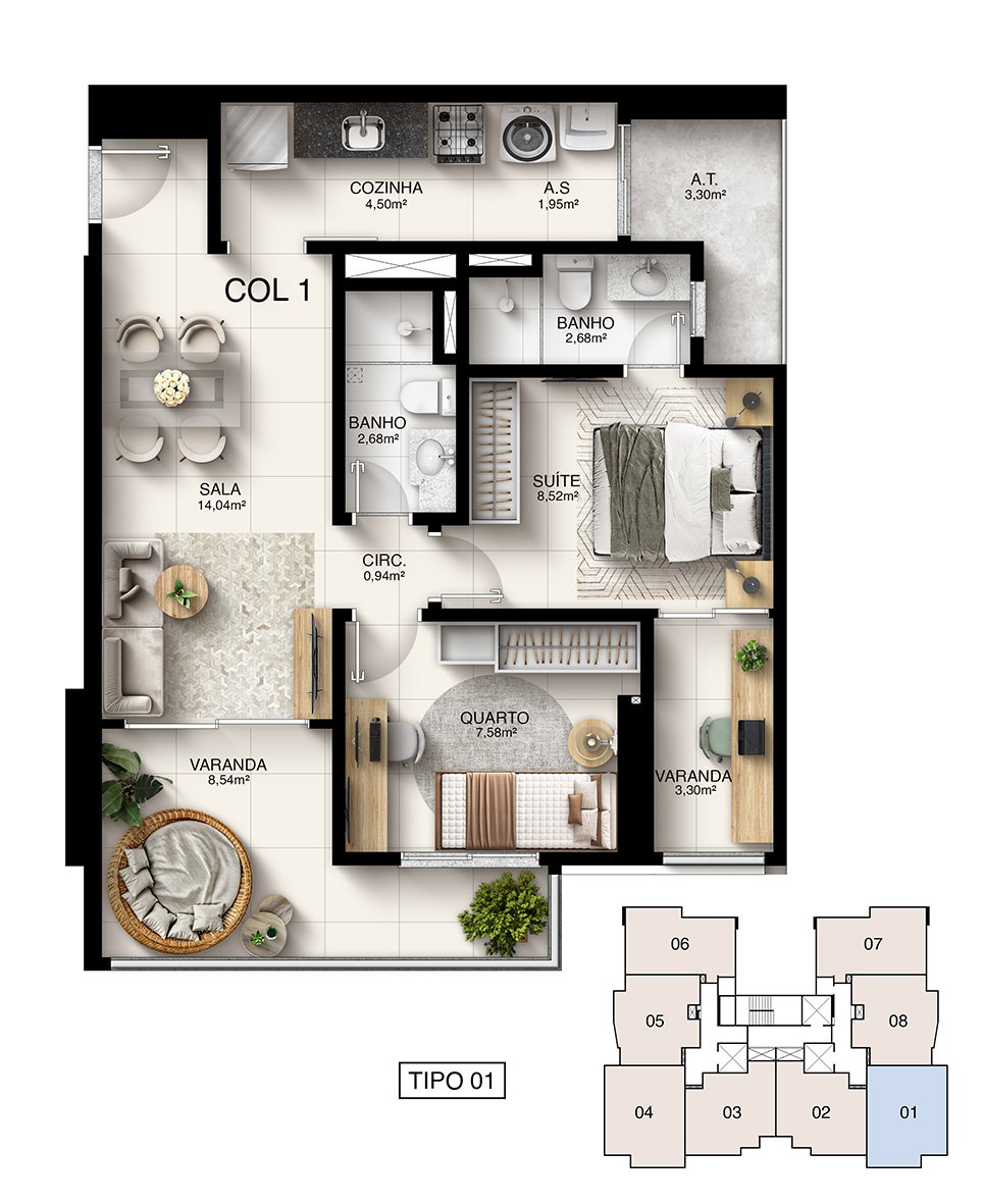 Planta humanizada de apartamento 2 quartos com suíte 68m2 no Kalena Residence Argo Vila Velha