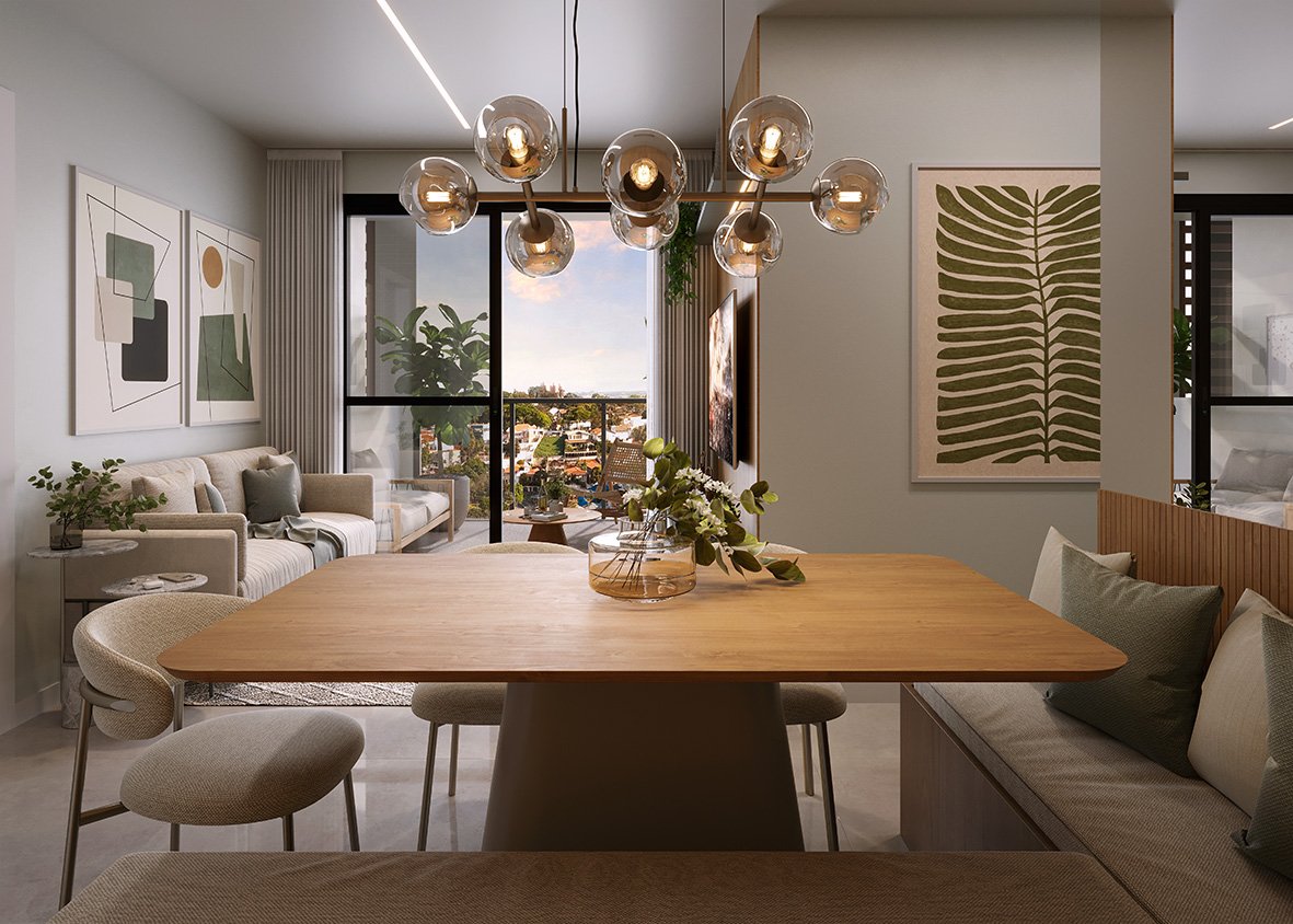 Sala de jantar e estar integrada com a varanda no apartamento tipo Macan Residence