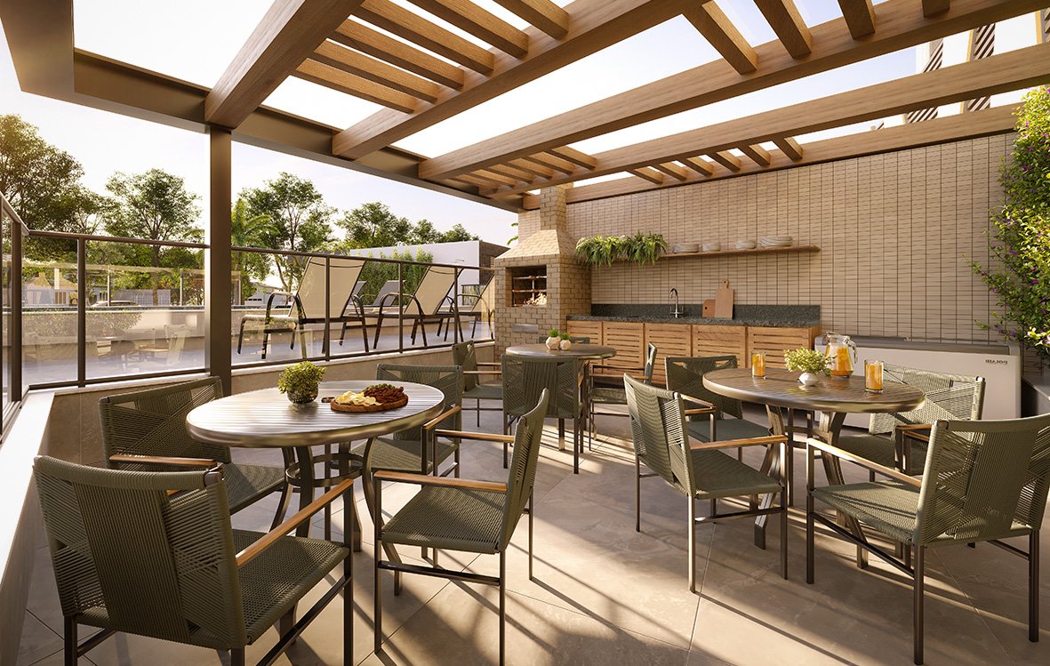 Área gourmet de churrasqueira mobiliada e equipada no Macan Residence Argo