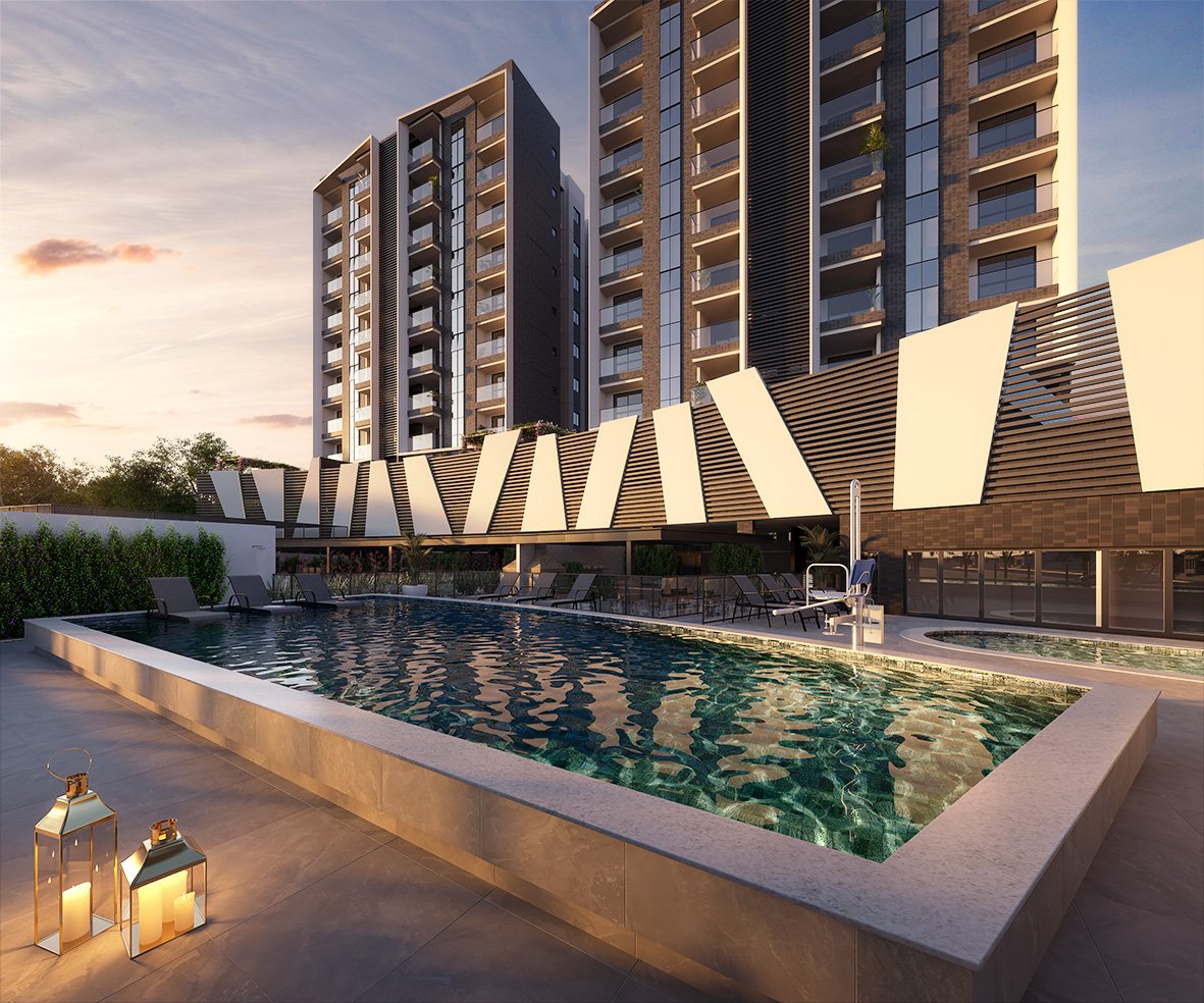 Piscina adulto e infantil com solarium no condomínio Macan Residence Jardim Camburi