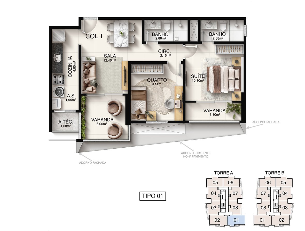 Planta humanizada de apartamento 2 quartos com suíte no Macan Residence Jardim Camburi Vitória