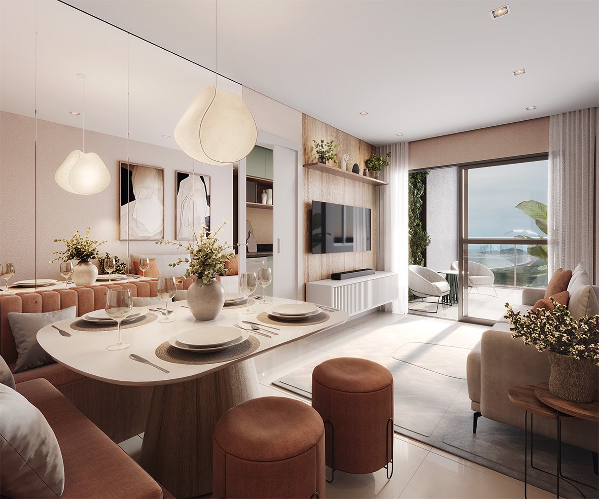 Sala de jantar e estar integrada à varanda com vista para o mar no apartamento do Píer Boulevard