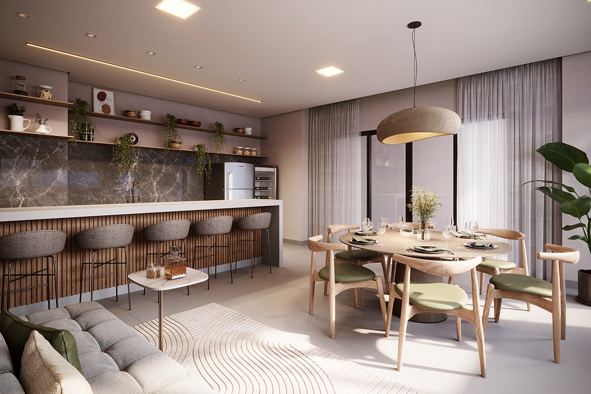 Espaço gourmet climatizado mobiliado com bancada e adega no condomínio Píer Boulevard Argo