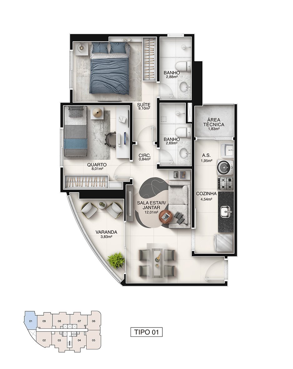 Planta humanizada de apartamento 2 quartos com suíte no Píer Boulevard Argo Vila Velha