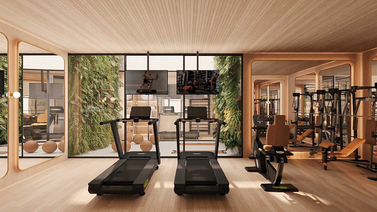 Espaço Fitness moderno climatizado com vista para o mar da Praia da Costa Seven Mansões Suspensas