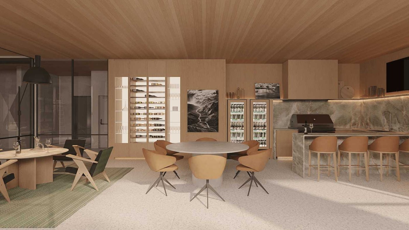 Espaço Gourmet nobre decorado e mobiliado com acabamentos de alto padrão no Seven Mansões Suspensas