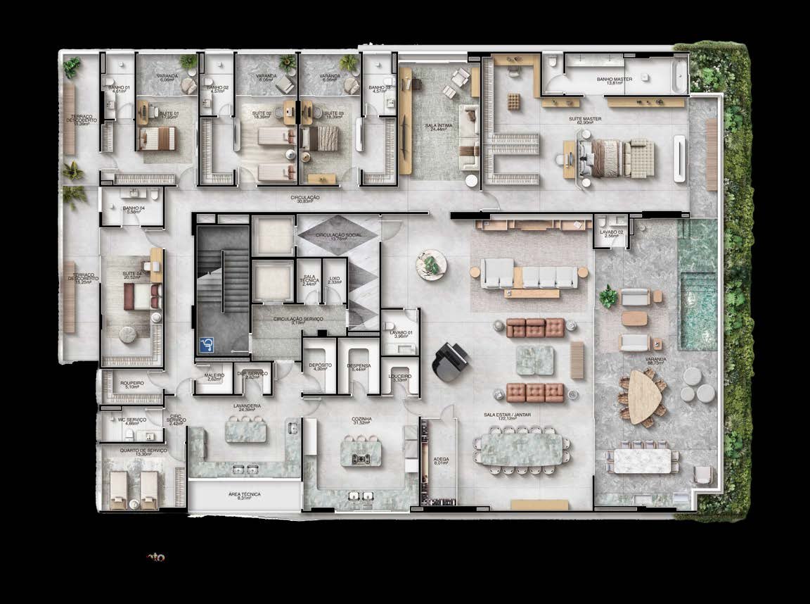 Planta humanizada de mansão suspensa com 5 suítes e 689m² privativos no Seven Mansões Suspensas