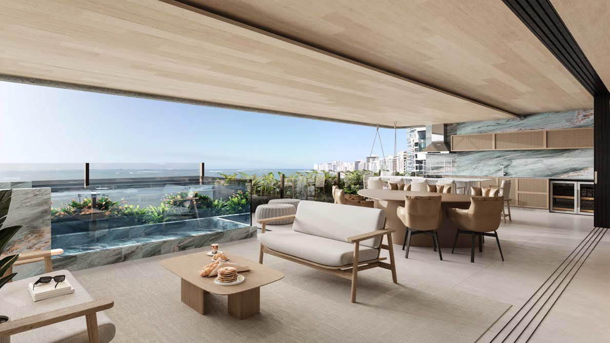Varanda gourmet imponente do Seven Mansões Suspensas com vista espetacular para a orla da Praia da Costa